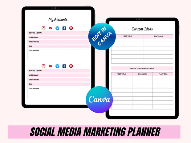 Editable Digital Social Media Planner for iPad (GoodNotes) - Content Calendar, Marketing Plan, Instagram, TikTok, YouTube