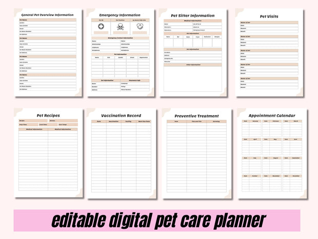 Pet Care Planner, Pet Health Record, Pet Medical Planner, Pet Checklists, Pet Worksheets, Vaccination Record, Pet Sitter Notes, Pet Binder