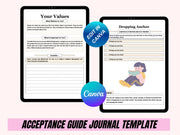 Acceptance Journal, therapy journal, self care planner, mindfulness, self love journal, wellness journal Editable Canva Templates