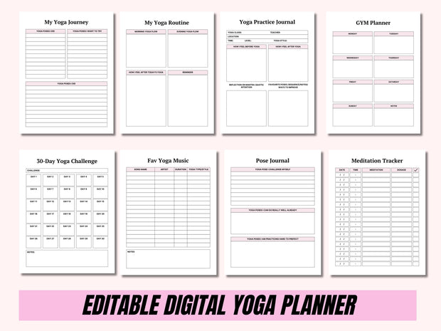 Editable Digital Yoga Planner - Printable Journal for Mindfulness, Flexibility & Wellness (PDF Download)