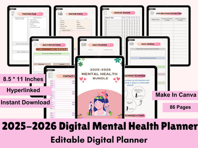 2025 Mental Health Planner Bundle, Self-Care Digital Journal, Printable Therapy and Wellness Templates, Mental Health Planner, Mental Health