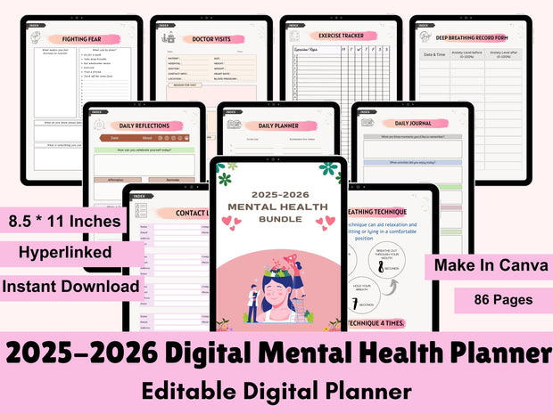 2025 Mental Health Planner Bundle, Self-Care Digital Journal, Printable Therapy and Wellness Templates, Mental Health Planner, Mental Health