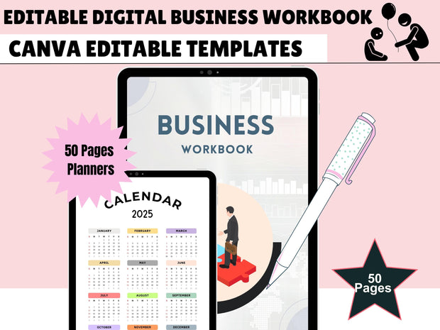 2025 Business Workbook - Canva Template, Interactive Business Planner / Brandable Business Strategy Workbook for Canva & Indesign