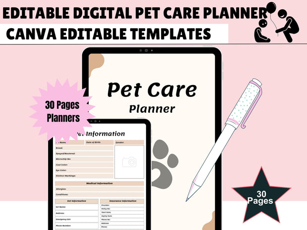 Pet Care Planner, Pet Health Record, Pet Medical Planner, Pet Checklists, Pet Worksheets, Vaccination Record, Pet Sitter Notes, Pet Binder