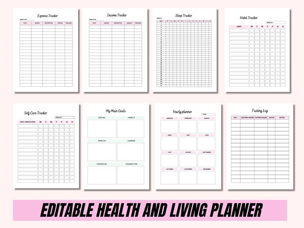 Editable Healthy Living Planner: 69 Pages of Customizable Goal Setting, Meal Planning, & Fitness Tracking (Digital Download)