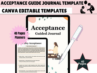 Acceptance Journal, therapy journal, self care planner, mindfulness, self love journal, wellness journal Editable Canva Templates