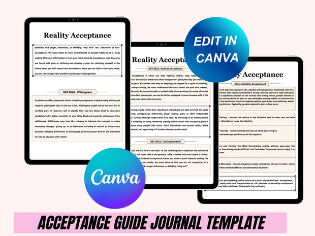 Acceptance Journal, therapy journal, self care planner, mindfulness, self love journal, wellness journal Editable Canva Templates