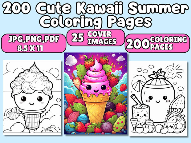 Best Seller 200 Cute Kawaii Summer Coloring Pages for Kids - Printable Digital PDF | Instant Download | Popular Item
