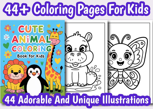 44+ Cute Animal Coloring Pages for Kids | KDP Interior Ready | Printable Coloring Book | 8.5x11” Digital Download