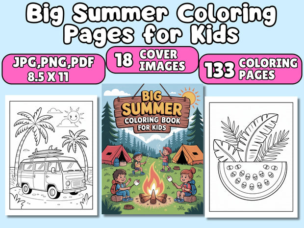 133 Cute Simple Summer Coloring Pages for Kids: High-Resolution PDF Book with Large Size & Thick Border, Perfect for Preschool, Kindergarten