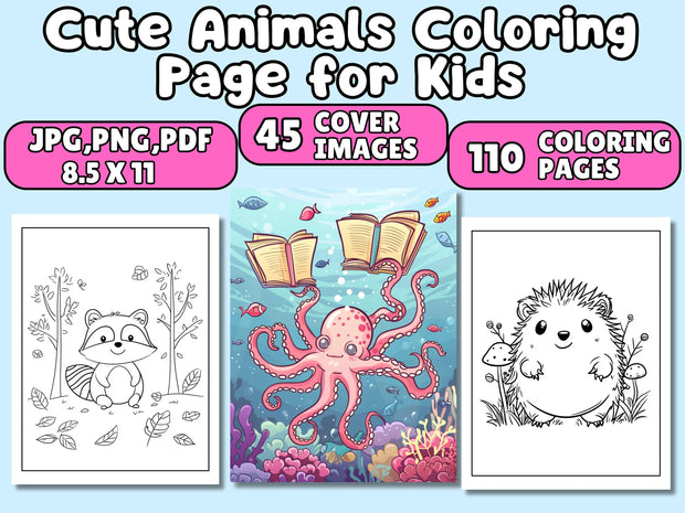 110 Cute Animal Coloring Pages for Kids | KDP Interior Ready | Printable Coloring Book | 8.5x11” Digital Download