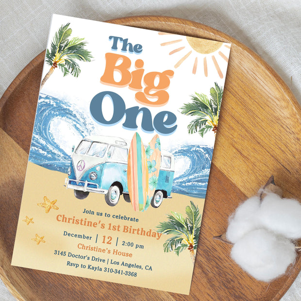 Editable Boy The Big One Surfing 1st Birthday Party Invitation Retro Boy Surf Van Surfboard Beach Party Invite Instant Download 661K3 (6)