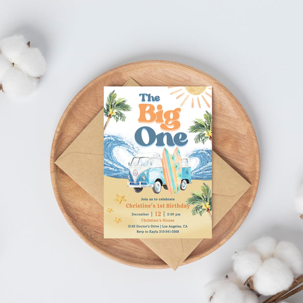 Editable Boy The Big One Surfing 1st Birthday Party Invitation Retro Boy Surf Van Surfboard Beach Party Invite Instant Download 661K3 (6)