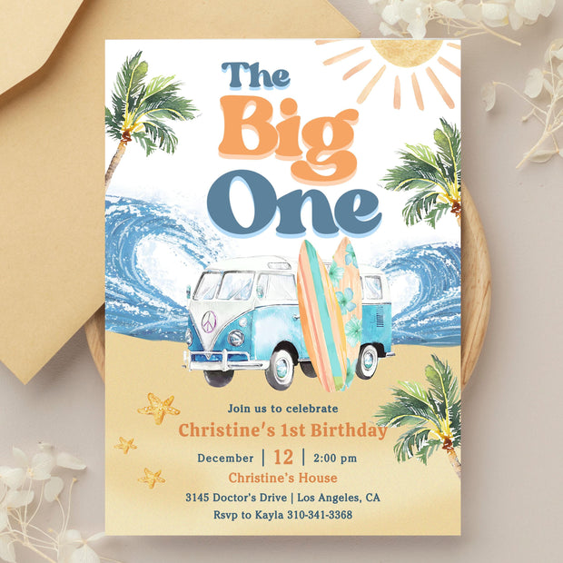 Editable Boy The Big One Surfing 1st Birthday Party Invitation Retro Boy Surf Van Surfboard Beach Party Invite Instant Download 661K3 (6)