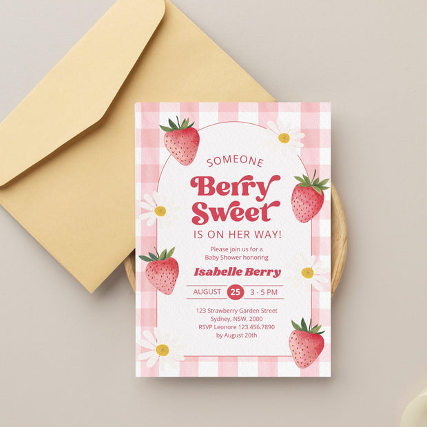 Editable Berry Sweet Baby Shower Invitation Bundle, Red Strawberry Baby Shower Invite, Daisy Berry Sweet Baby Shower Invitation, BBS1038
