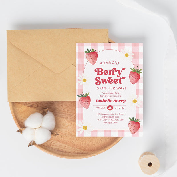 Editable Berry Sweet Baby Shower Invitation Bundle, Red Strawberry Baby Shower Invite, Daisy Berry Sweet Baby Shower Invitation, BBS1038