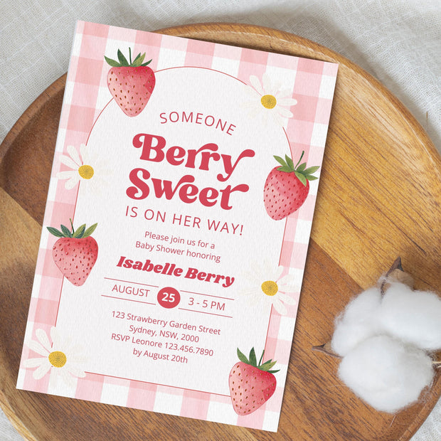 Editable Berry Sweet Baby Shower Invitation Bundle, Red Strawberry Baby Shower Invite, Daisy Berry Sweet Baby Shower Invitation, BBS1038