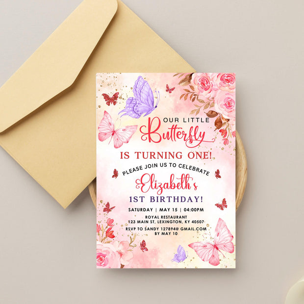 Butterfly Birthday Invitation Butterfly Invite Whimsical Floral Butterfly Rainbow gold glitter Garden Girl 1st Download Editable Bir273