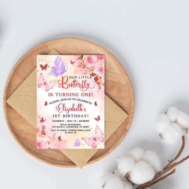 Butterfly Birthday Invitation Butterfly Invite Whimsical Floral Butterfly Rainbow gold glitter Garden Girl 1st Download Editable Bir273