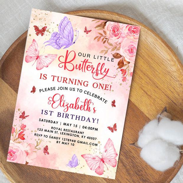 Butterfly Birthday Invitation Butterfly Invite Whimsical Floral Butterfly Rainbow gold glitter Garden Girl 1st Download Editable Bir273