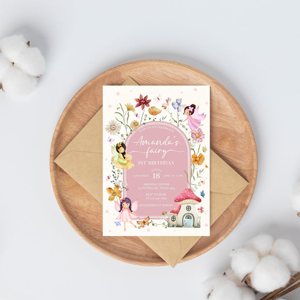 Editable Fairy Birthday Invitation Template Enchanted Whimsical Garden Forest Girl Invite Floral Magical Princess Party Instant Download F01