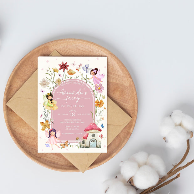 Editable Fairy Birthday Invitation Template Enchanted Whimsical Garden Forest Girl Invite Floral Magical Princess Party Instant Download F01