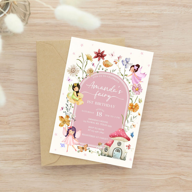 Editable Fairy Birthday Invitation Template Enchanted Whimsical Garden Forest Girl Invite Floral Magical Princess Party Instant Download F01