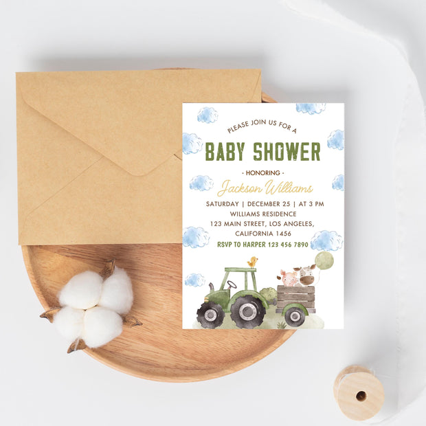 Farm Baby Shower Invitation Template, Green Tractor Baby Shower Invite, Farm Animals Baby Shower Invitation, Instant Download, B-723