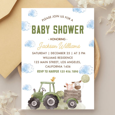 Farm Baby Shower Invitation Template, Green Tractor Baby Shower Invite, Farm Animals Baby Shower Invitation, Instant Download, B-723
