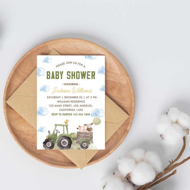 Farm Baby Shower Invitation Template, Green Tractor Baby Shower Invite, Farm Animals Baby Shower Invitation, Instant Download, B-723