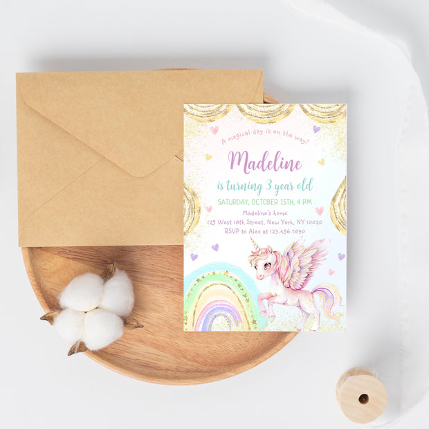 Unicorn Birthday Invitation, Pastel Unicorn, Rainbow Unicorn Sparkles and Gold Invitation, 1st Birthday Girl, Pastel Invite Printable, BD53