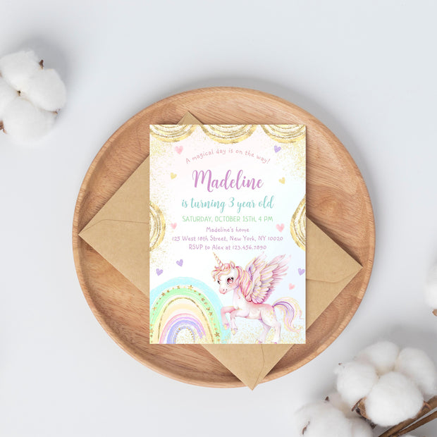Unicorn Birthday Invitation, Pastel Unicorn, Rainbow Unicorn Sparkles and Gold Invitation, 1st Birthday Girl, Pastel Invite Printable, BD53