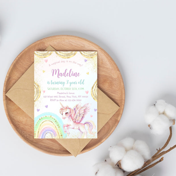 Unicorn Birthday Invitation, Pastel Unicorn, Rainbow Unicorn Sparkles and Gold Invitation, 1st Birthday Girl, Pastel Invite Printable, BD53