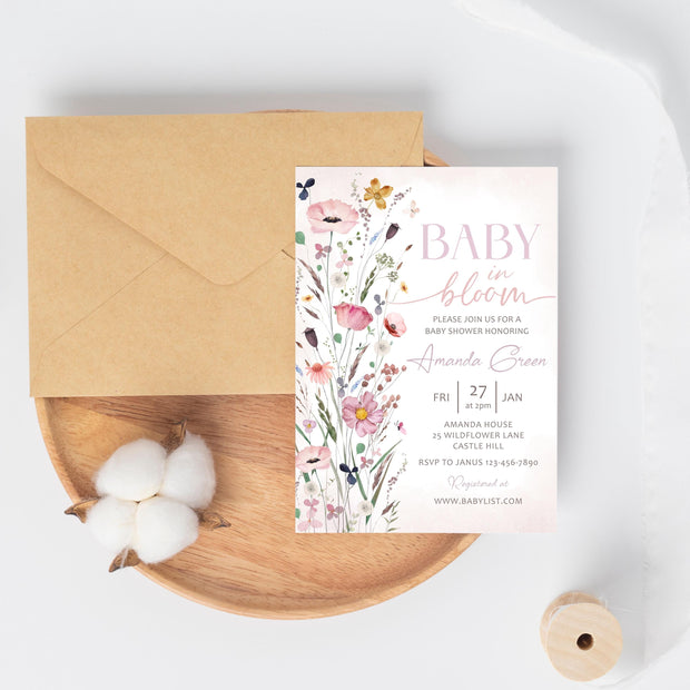 Vintage Floral baby shower invitation Girl Spring summer baby shower invite, Handwritten Hand drawn Baby in bloom invitation