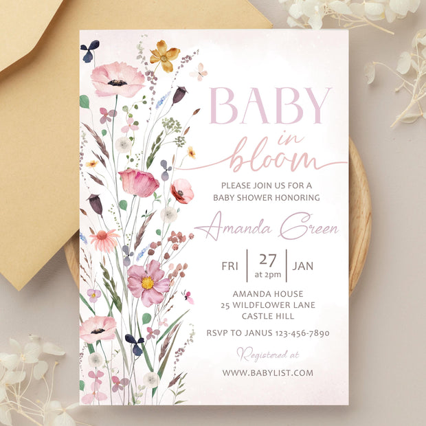 Vintage Floral baby shower invitation Girl Spring summer baby shower invite, Handwritten Hand drawn Baby in bloom invitation