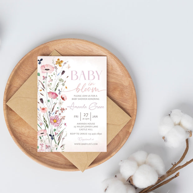 Vintage Floral baby shower invitation Girl Spring summer baby shower invite, Handwritten Hand drawn Baby in bloom invitation