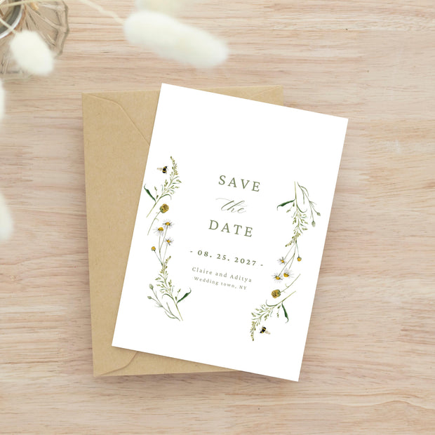 Wildflower Save The Date Template, Spring Garden Flowers Pre-Wedding Photo Save Our Date Card, EDITABLE Floral Meadow Download FLO2