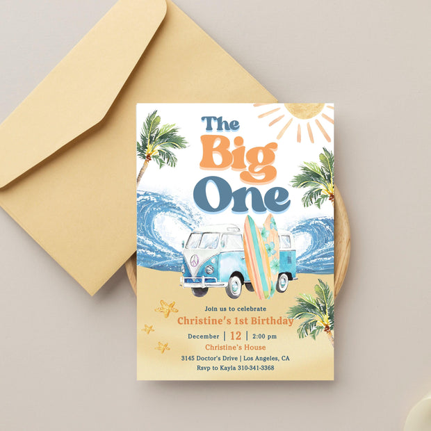 Editable Boy The Big One Surfing 1st Birthday Party Invitation Retro Boy Surf Van Surfboard Beach Party Invite Instant Download 661K3 (6)
