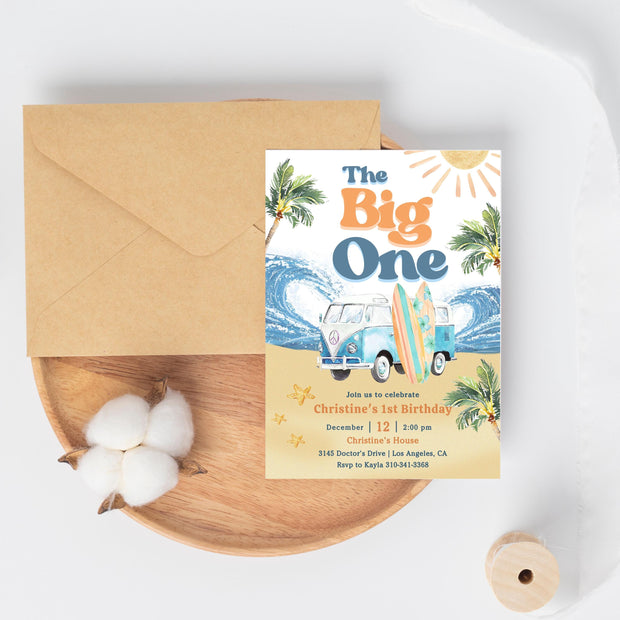 Editable Boy The Big One Surfing 1st Birthday Party Invitation Retro Boy Surf Van Surfboard Beach Party Invite Instant Download 661K3 (6)