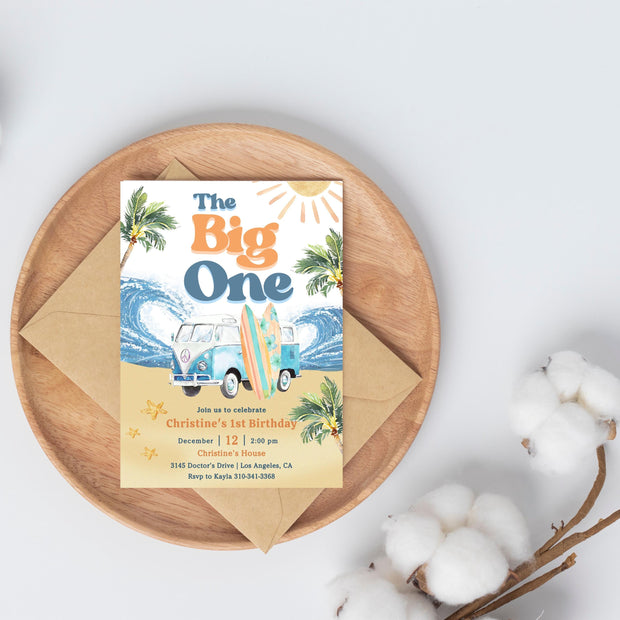 Editable Boy The Big One Surfing 1st Birthday Party Invitation Retro Boy Surf Van Surfboard Beach Party Invite Instant Download 661K3 (6)
