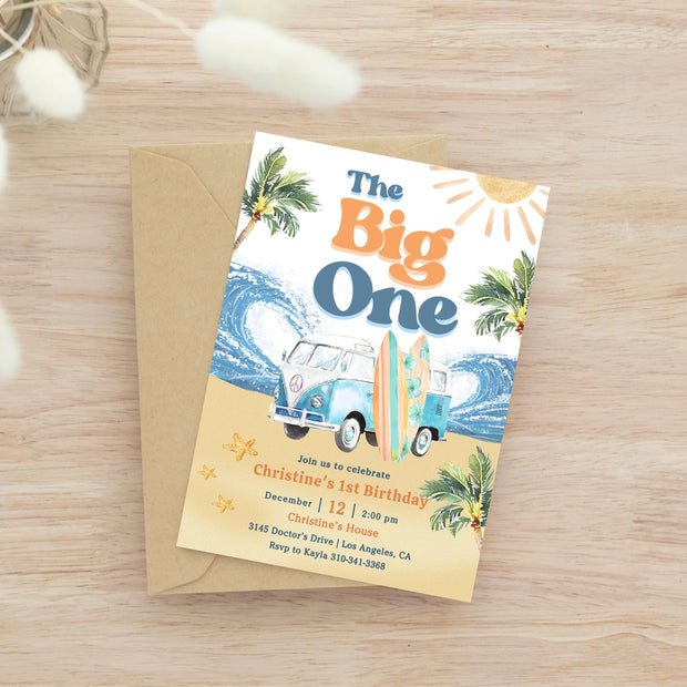 Editable Boy The Big One Surfing 1st Birthday Party Invitation Retro Boy Surf Van Surfboard Beach Party Invite Instant Download 661K3 (6)