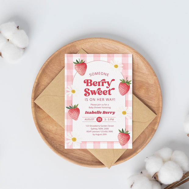 Editable Berry Sweet Baby Shower Invitation Bundle, Red Strawberry Baby Shower Invite, Daisy Berry Sweet Baby Shower Invitation, BBS1038