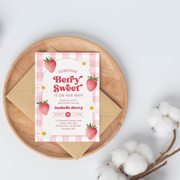 Editable Berry Sweet Baby Shower Invitation Bundle, Red Strawberry Baby Shower Invite, Daisy Berry Sweet Baby Shower Invitation, BBS1038