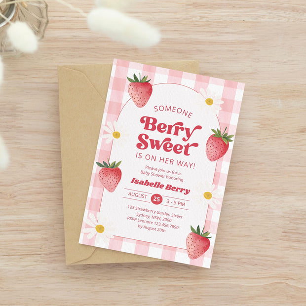 Editable Berry Sweet Baby Shower Invitation Bundle, Red Strawberry Baby Shower Invite, Daisy Berry Sweet Baby Shower Invitation, BBS1038