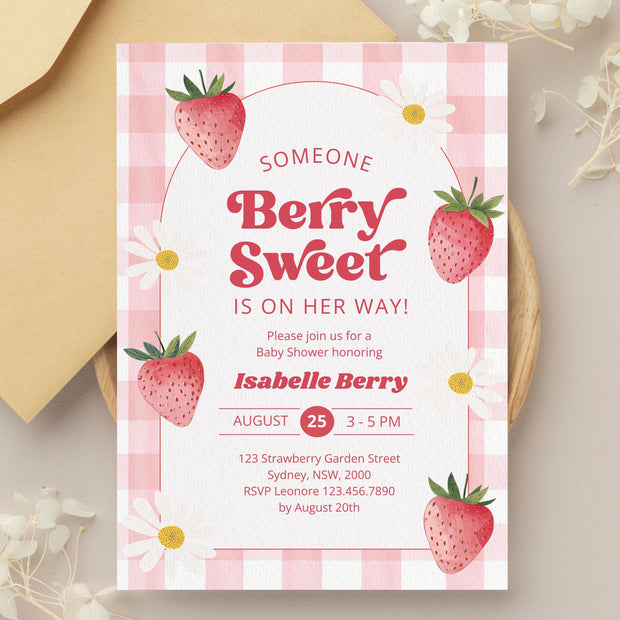 Editable Berry Sweet Baby Shower Invitation Bundle, Red Strawberry Baby Shower Invite, Daisy Berry Sweet Baby Shower Invitation, BBS1038