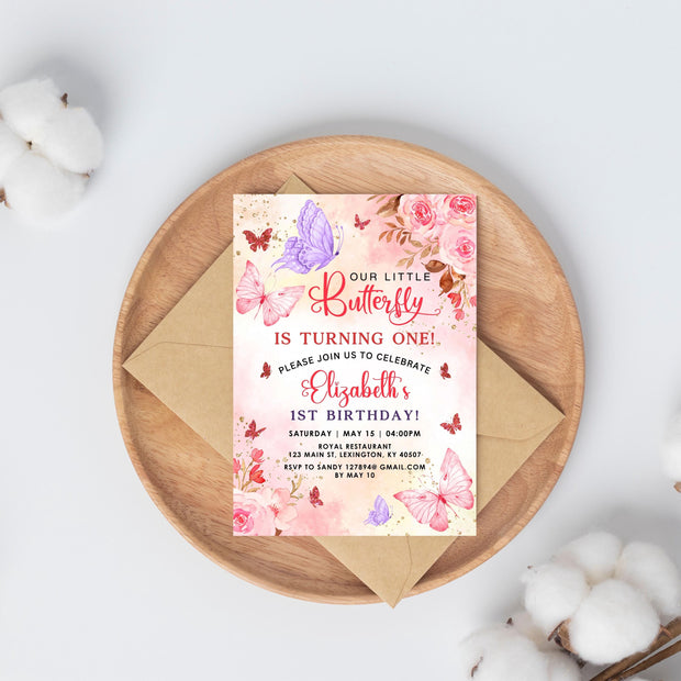 Butterfly Birthday Invitation Butterfly Invite Whimsical Floral Butterfly Rainbow gold glitter Garden Girl 1st Download Editable Bir273