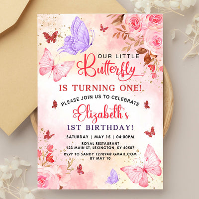 Butterfly Birthday Invitation Butterfly Invite Whimsical Floral Butterfly Rainbow gold glitter Garden Girl 1st Download Editable Bir273