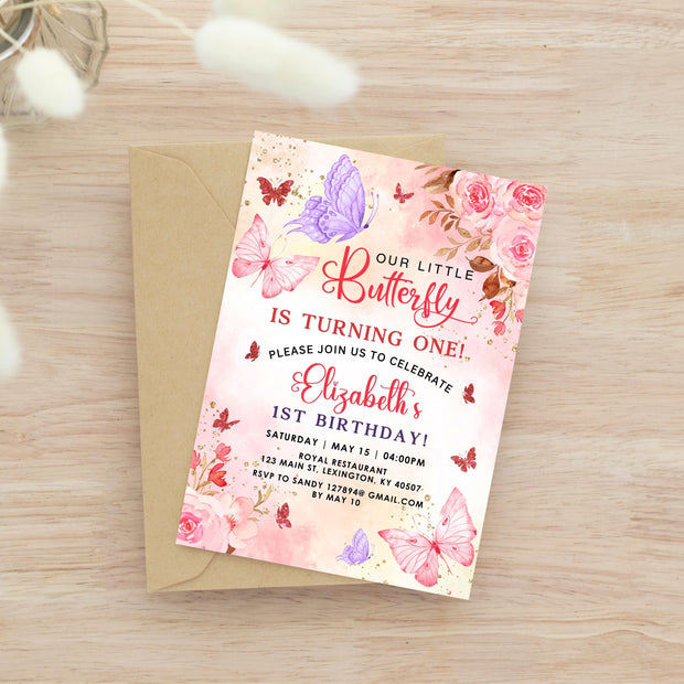 Butterfly Birthday Invitation Butterfly Invite Whimsical Floral Butterfly Rainbow gold glitter Garden Girl 1st Download Editable Bir273