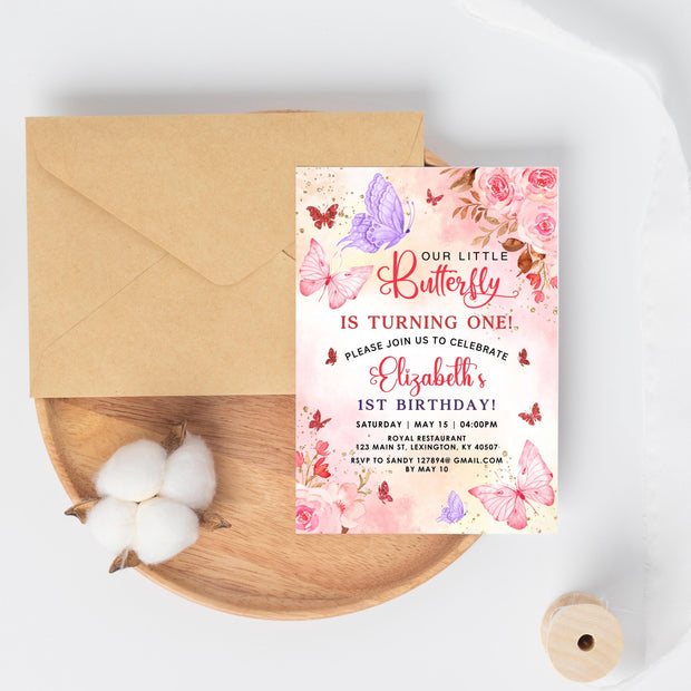 Butterfly Birthday Invitation Butterfly Invite Whimsical Floral Butterfly Rainbow gold glitter Garden Girl 1st Download Editable Bir273