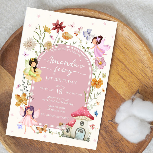 Editable Fairy Birthday Invitation Template Enchanted Whimsical Garden Forest Girl Invite Floral Magical Princess Party Instant Download F01